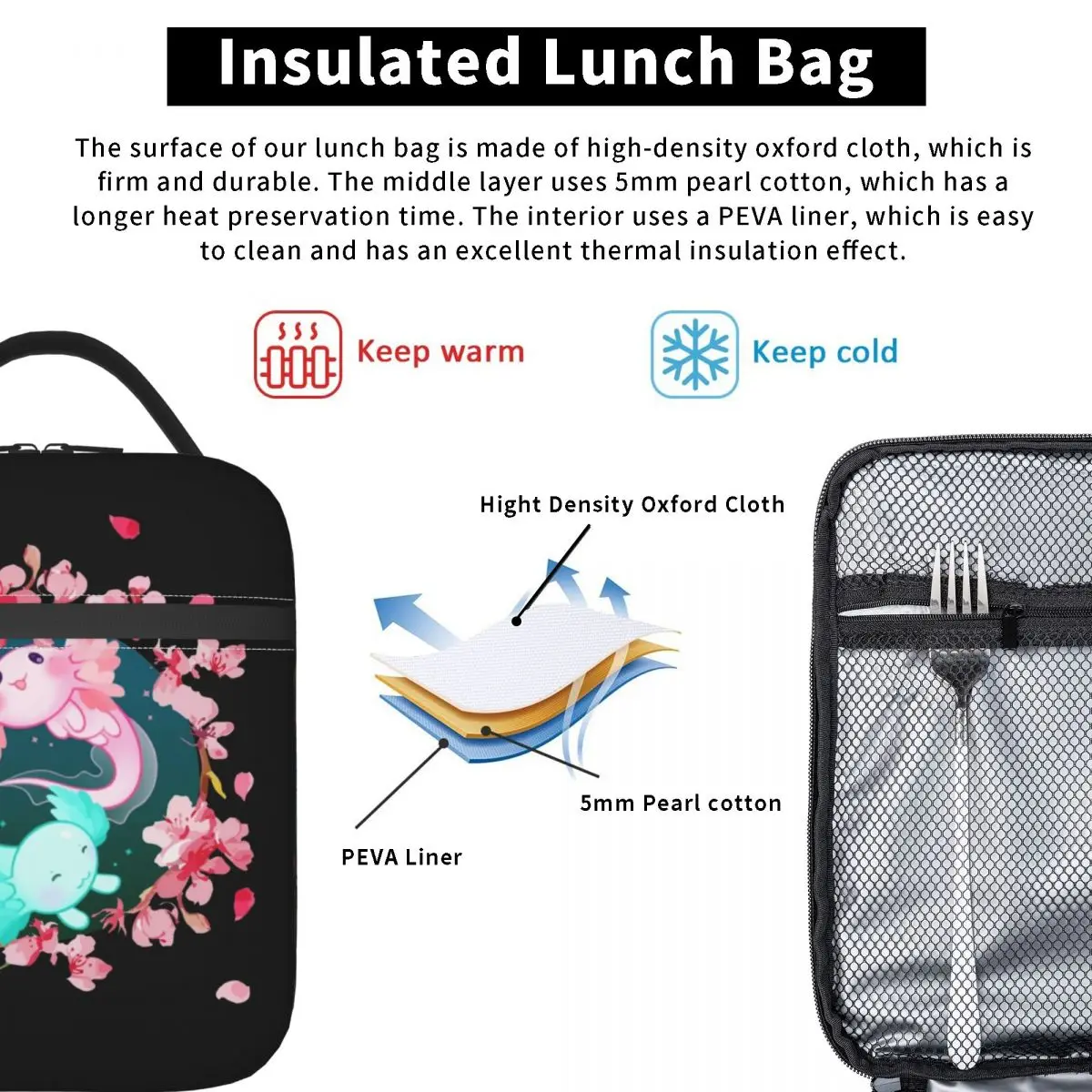 Axolotl Yin Yang Cherry Blossoms Insulated Lunch Bag Portable Salamander Animal Cooler Thermal Bento Box Beach Camping Travel