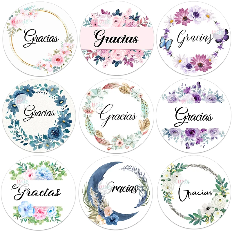 Gracias Thank You Floral Frame Sticker Self-adhesive Seal Label Christmas Wedding Thanksgiving Sticker Stationery Decoration photo booth frame