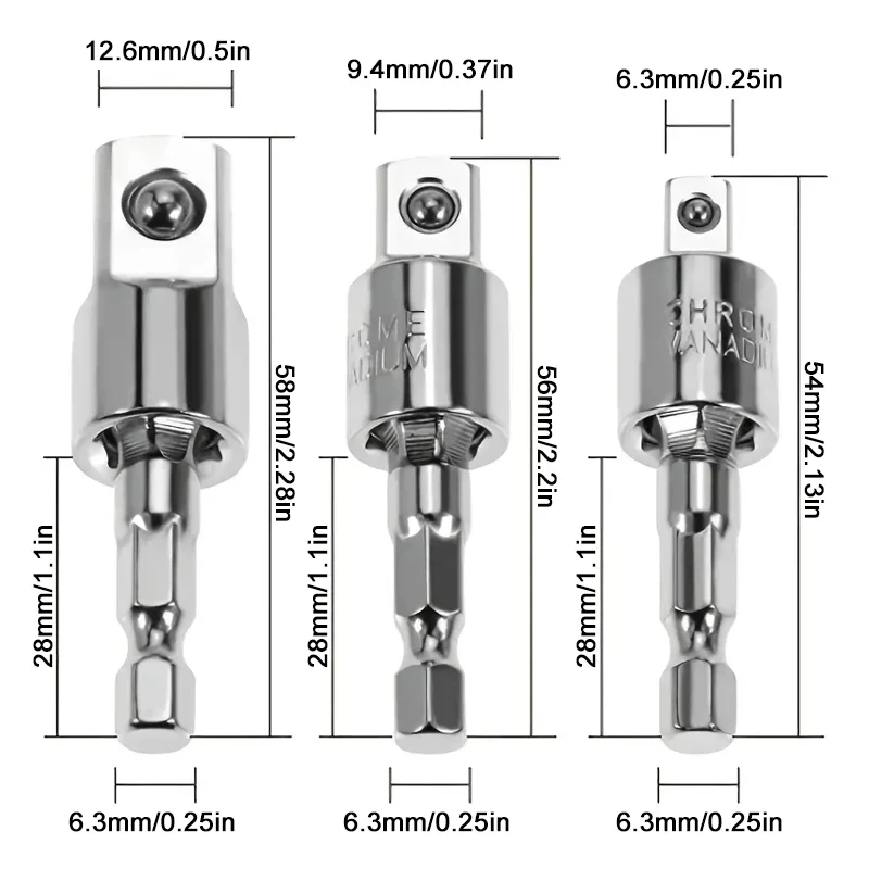 Drill Screwdriver Adapter 360&deg; Drill Pneumatic Screwdriver Sleeve Universal Adapter Hexagonal Shank Turn Square Head Swivel Extension Tool Set 3PCS
