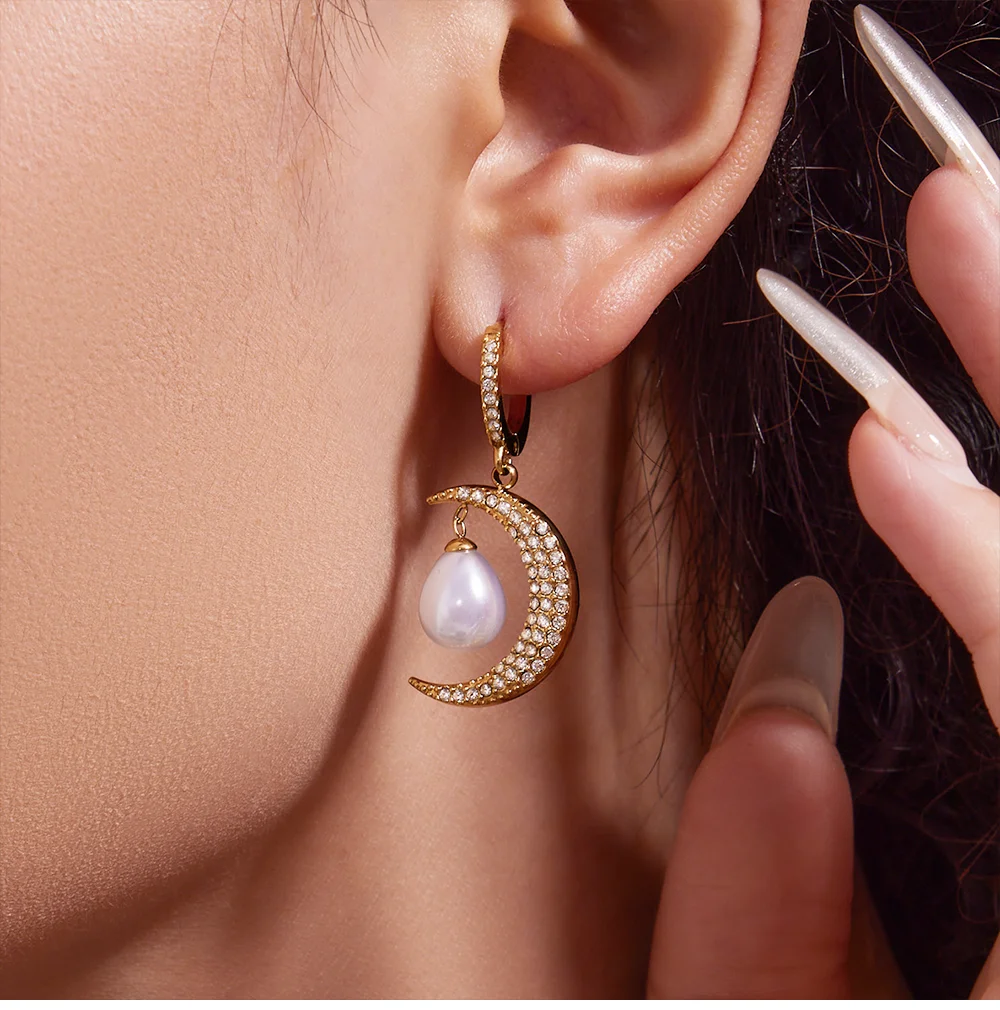 Elegante Imitation Perle Mond Anhänger Halskette Für Frauen Edelstahl Vergoldet Glänzenden Zirkon Tropfen Ohrringe Luxus Schmuck – Detail 11