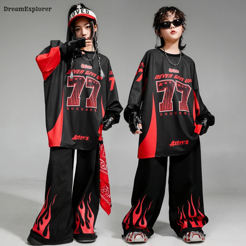 Boys Hip Hop Contrast Sweatshirt Fire Joggers Pants Girls K-pop Street Dance Costumes Kids Jazz Clothes Sets Children Streetwear 5