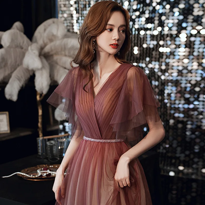 

French Style Evening Dresses Women's Temperament Slim V-Neck Graduation Prom Gowns Simple Retro Tulle Banquet Dress
