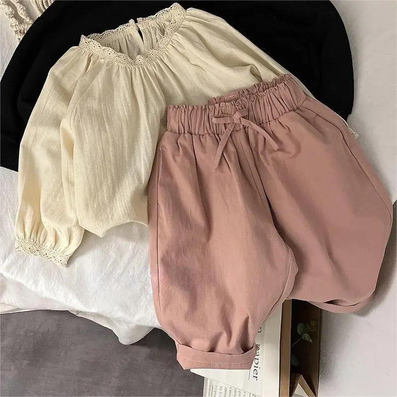 Newborn Girl Cotton Shirt Infant Toddler Child Long Sleeve Pullover Lace Patchwork Top 12M-7Y