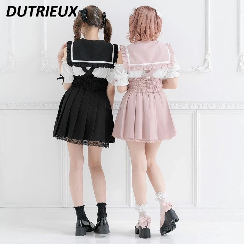 Mine Summer Autumn Short Pleated Skirt Kawaii Sweet Girls Lace Mini Skirt with Wooden Ears Preppy Style Japanese Suspender Skirt
