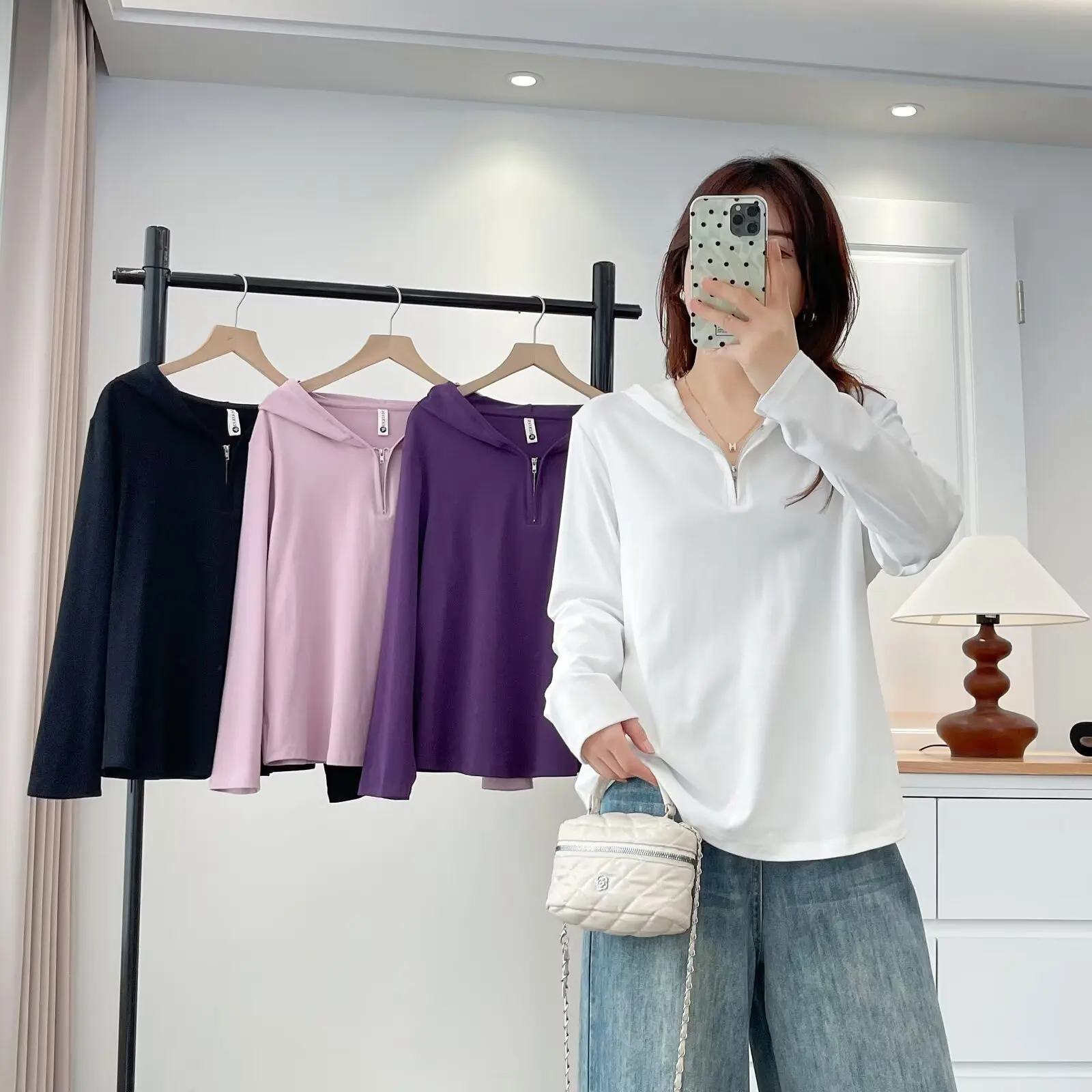 Fashion Plus Size Women's T-Shirt New Style Autumn Hooded Zipper half-collar Long Sleeve Hoodie Top 8822