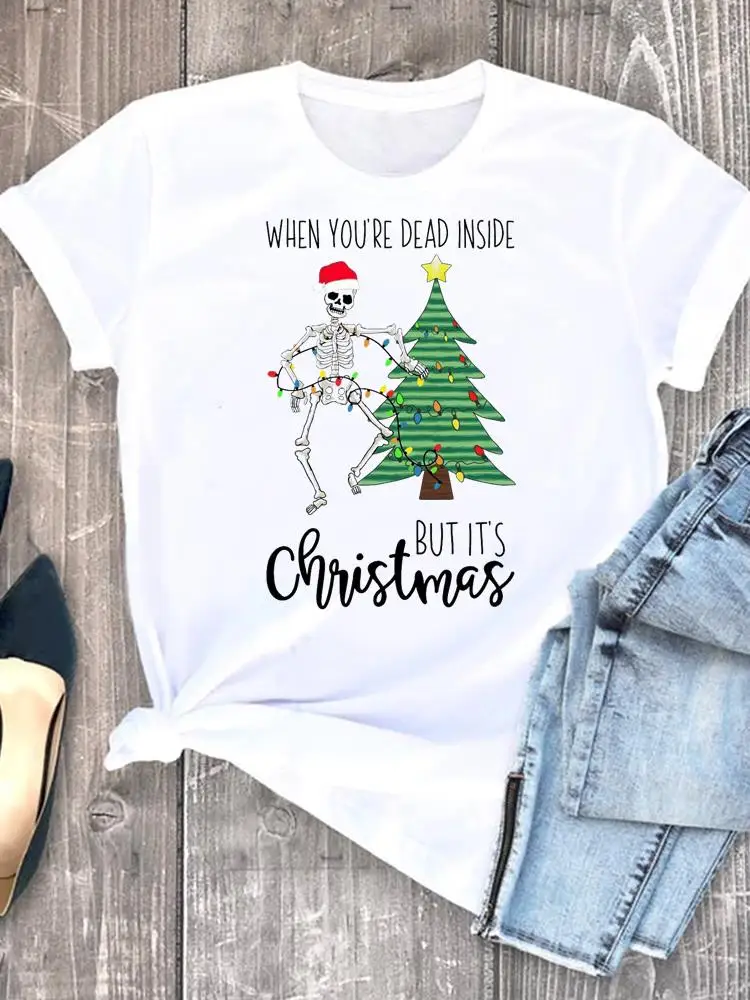 

Women Clothes Print O-neck New Year Graphic T-shirt Lady Tree Lovely Sweet 90s Trend Casual Female Christmas Fashion Shirt Tee