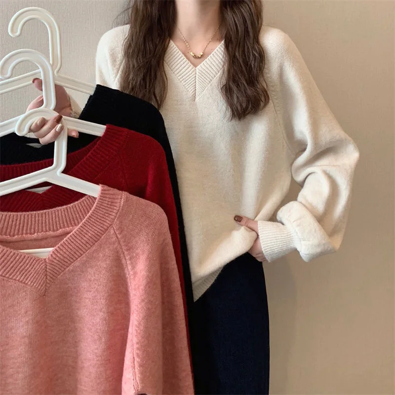 

women's thicken sweater Fashion solid color Knitted Sweater Woman Harajuku Sweet Oversized long V neck Casual Loose Jumper NEW