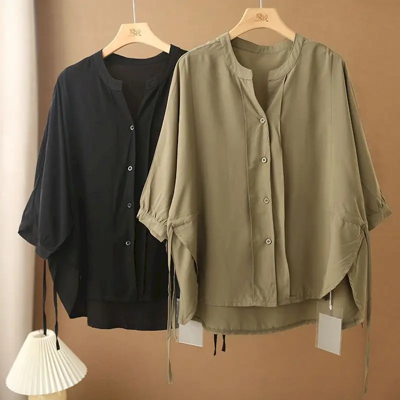 

Waist Drawstring Shirts Women Fashion Design Three Quarter Sleeve Blouses Casual Loose High-grade Shirt Summer Trend Thin Tops