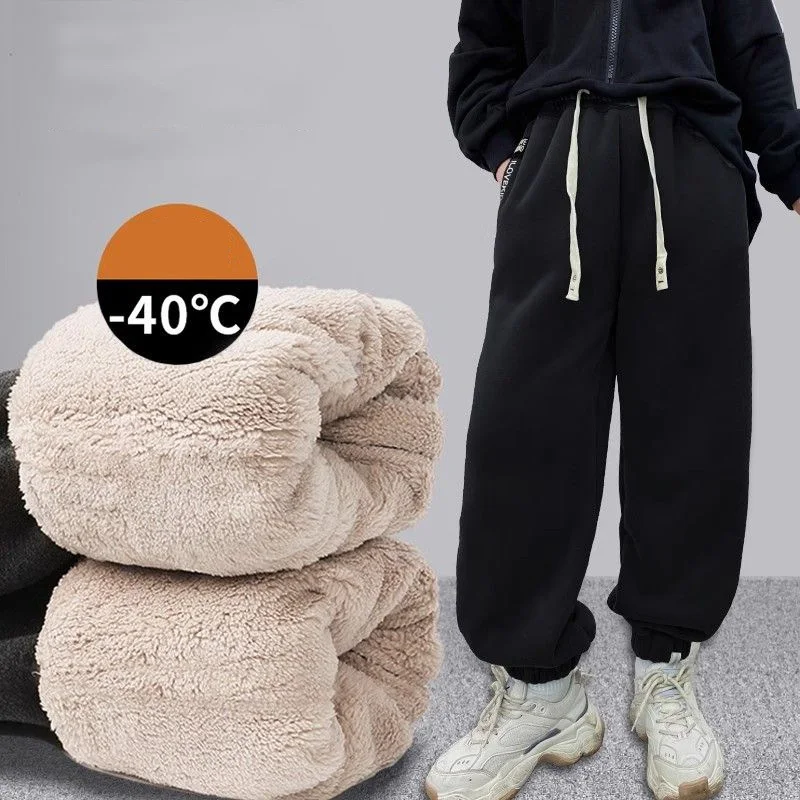 -40&deg; Boys Girls Lambswool Pants Children Winter Thick Warm Trousers Kids Padded Casual Sweatpants Teens Plush Velvet Clothing girls pants boys pants girls trousers kids pants