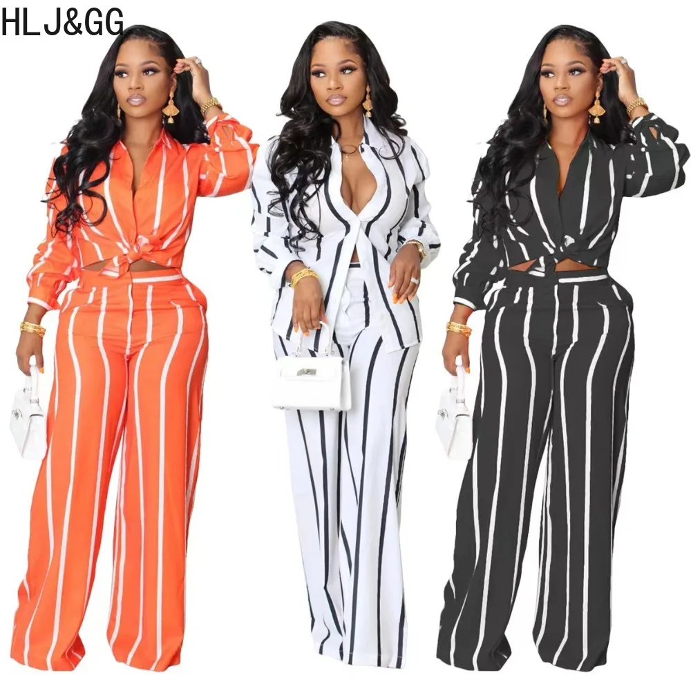 HLJ&GG Elegant Lady Stripe Printing Wide Leg Pants Two Piece Sets Women Turndown Collar Long Sleeve Shirt And Pants Outfits 2023