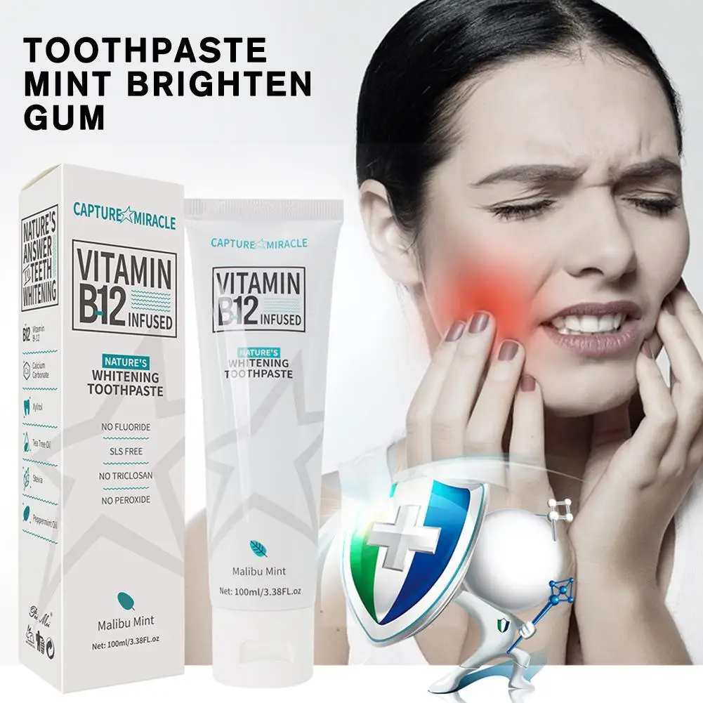 100ml Vitamin B12 Toothpaste Mint Brighten Gum Repair Hygiene Remove Fresh Tooth Whitening Beauty Oral Stains Breath Health T5Z8