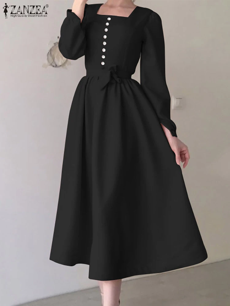 

Women Square Collar Dresses 2023 ZANZEA Spring Long Sleeve Bandage Waisted Midi Long Vestido Elegant Single Breast Chic Robes