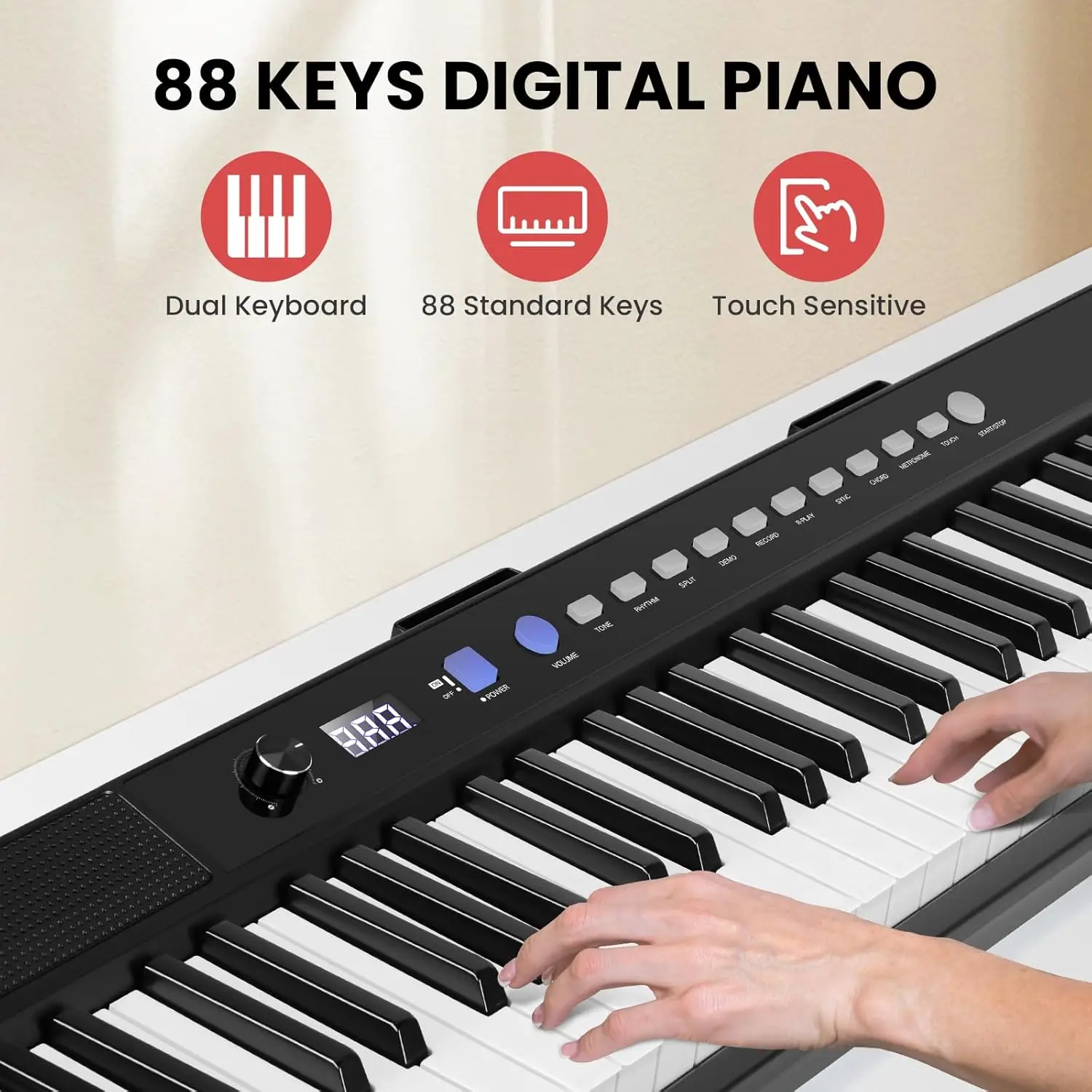 Keyboard Piano 88 Key, Digital Piano Full Size Semi Weighted with 2 Speakers, Electric Keyboard for Beginners, Musi