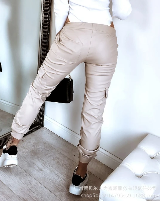 Women's casual pants 2024 spring/summer new women's casual daily elastic waist leather pants