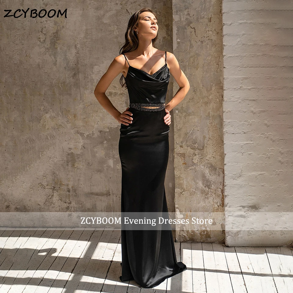 

Sexy Black Mermaid Sleeveless V-Neck Formal Evening Dress 2024 Sparkly Beading Spaghetti Straps Cocktail Women Party Prom Gowns