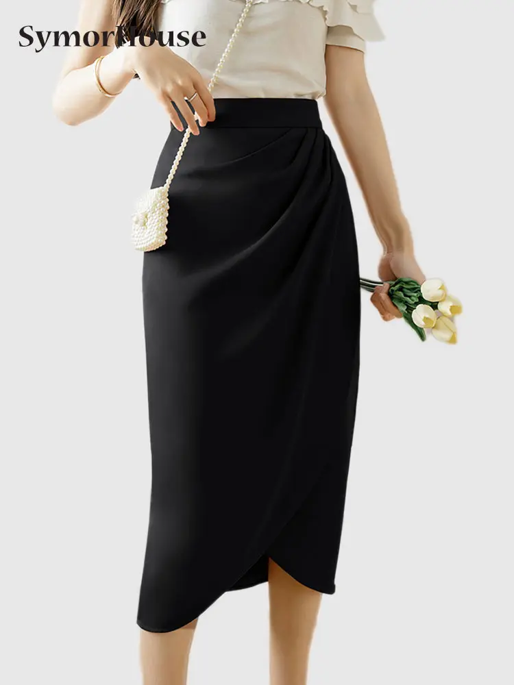 

Vintage Folds Pencil Skirt Women Spring Summer Korean Chic Split High Waist One Step Skirts Casual Fashion Black Pink Skirt