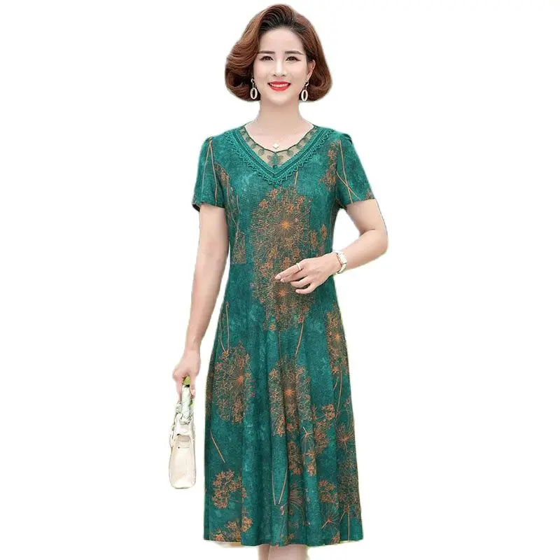 Summer Mom Skirt 2023 New V-neck Fashion Print Korean Retro Large Size Women Loose Slim Slim Casual Dress Women