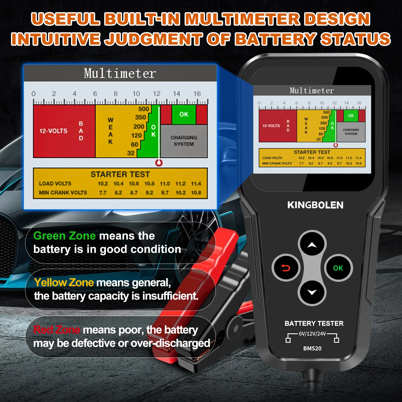 KINGBOLEN BM520 6V 12V 24V 자동차 배터리 테스터 트럭 배터리 시스템 테스트 도구 12볼트 배터리 분석기 크랭킹 테스트 PK KW600