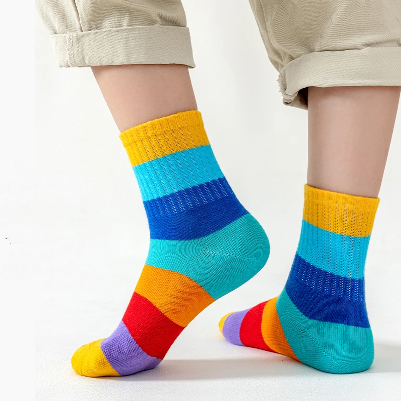 5 Pairs/Lot Children's Rainbow Socks Spring Autumn Coft Cotton Cute 7 Color Rainbow Stripes Boys Girls Sports Tube Socks to 1-12 - Image 4