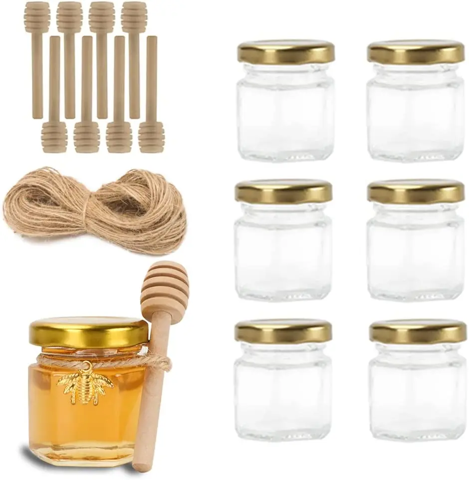 

6PCS 45ml Glass Jars with Gold Lids, Mini Mason Jars for Gifts, Crafts, Wedding, Spice, Extra Chalkboard Labels, Tags String