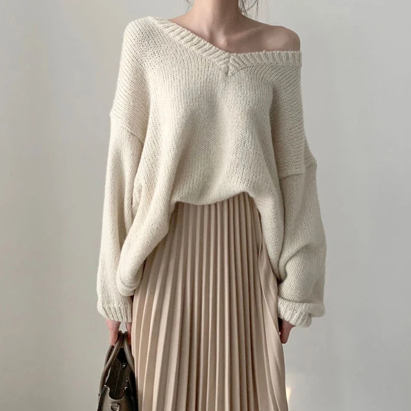 2024 New Spring Fall Knitted 2 Piece Set Apricot Women Sexy V Neck Dot Pullover Sweater + Elastic High Waist Pleated Skirt Suits
