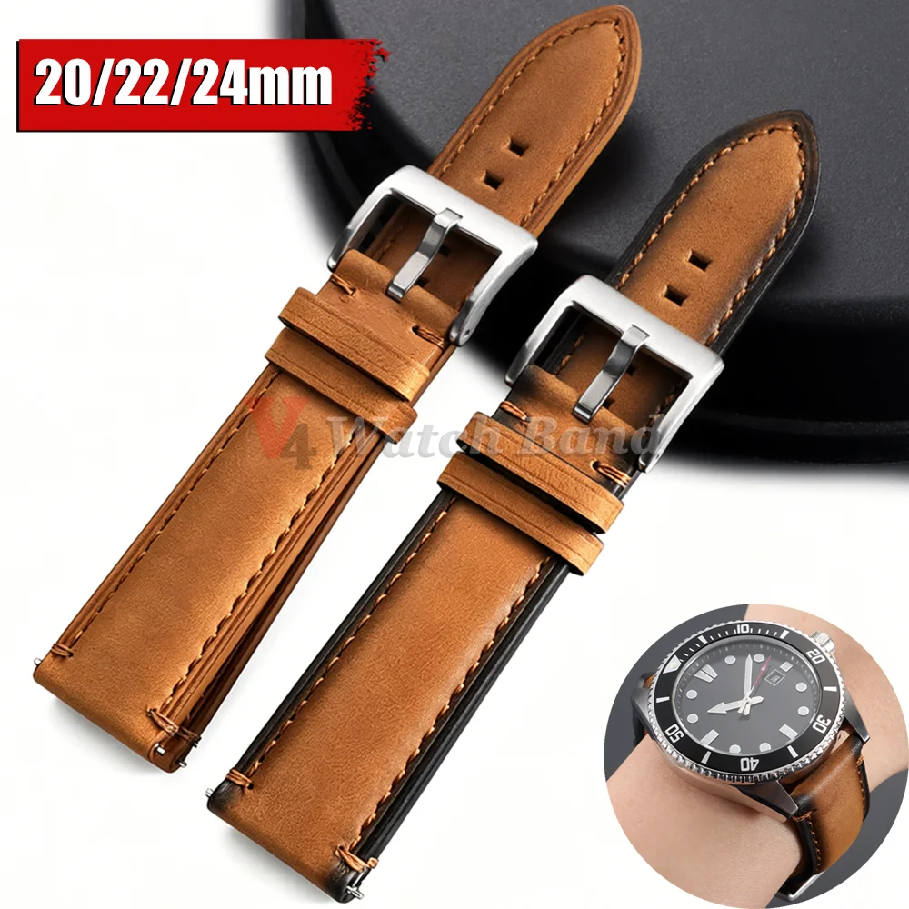 Vintage Brown Leather Watch Strap - Universal Breathable Bracelet