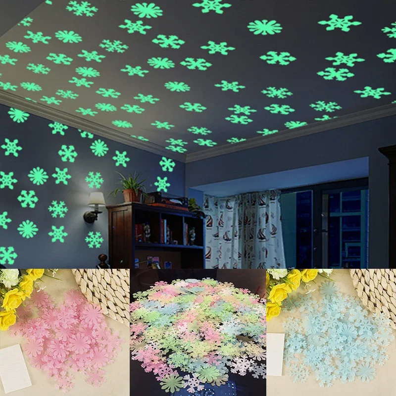 50pcs 3D Snowflake Luminous Wall Sticker Fluorescent Glow In The Dark Wall Decal Homw Kids Room Bedroom Christmas Decor