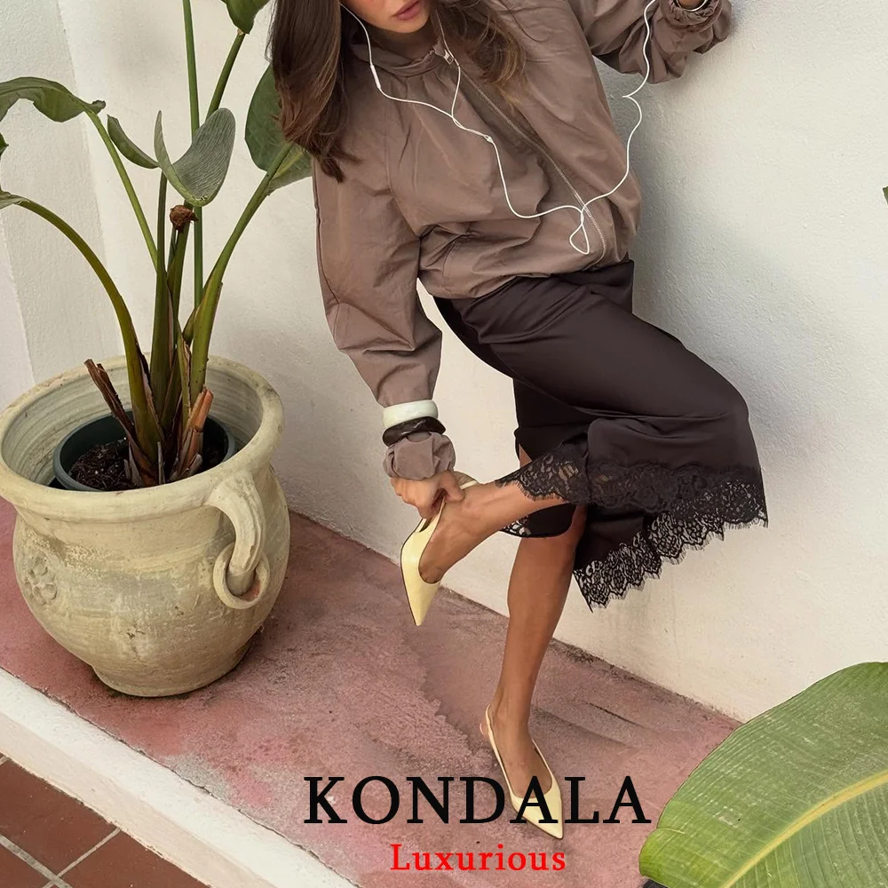 KONDALA Vintage Chic Satin Damen Lange Spitzenröcke Hohe Taille Gerade Midi-Party-Rock Mode 2026 Frühling Sommer Eleganter Rock – Detail 3