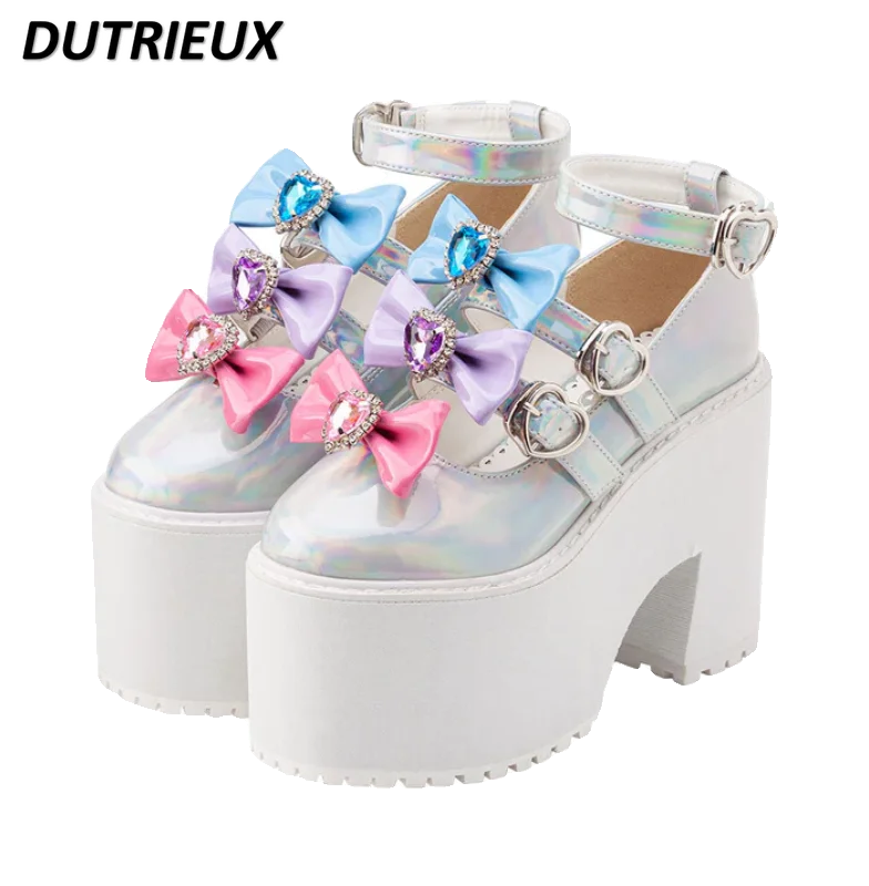 Japanese Lolita Shoes Women Cute Kawaii Sweet Bow Thick Bottom Platform Mary Jane Shoes Women's Pumps 2024 Summer New High Heels