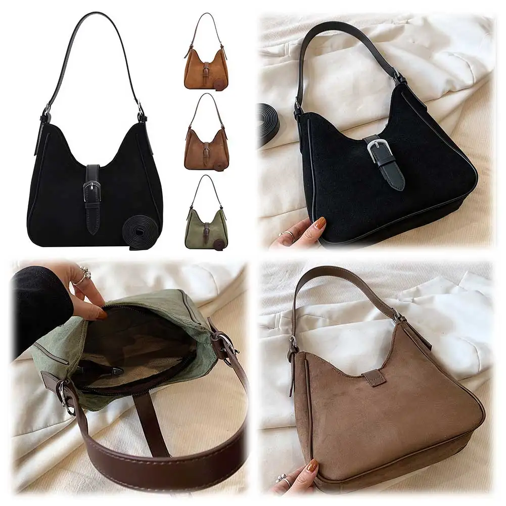 Women Suede Shoulder Bag Adjustable Strap Handbag with Zipper Solid Tote Bag for Work Travel