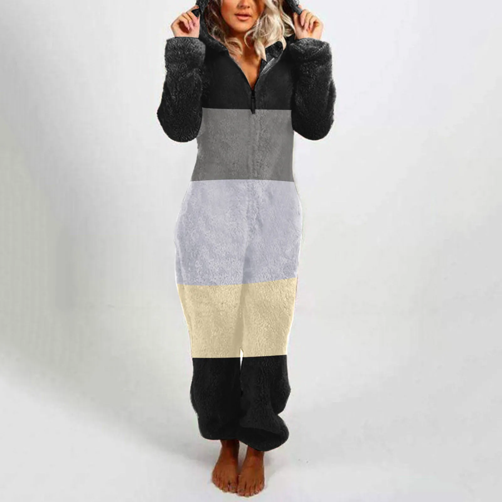 

Women'S Fleece Long Sleeve Pajamas Casual Striped Solid Color Zipper Loose Hooded Jumpsuit Pajamas Casual Winter Warm Rompe