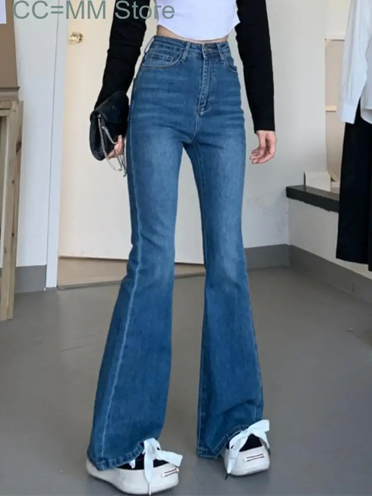 New Blue Vintage High Waist Jeans Women Korean Fashion Casual Skinny Flare Pants Female Harajuku Slim Denim Trousers Autumn