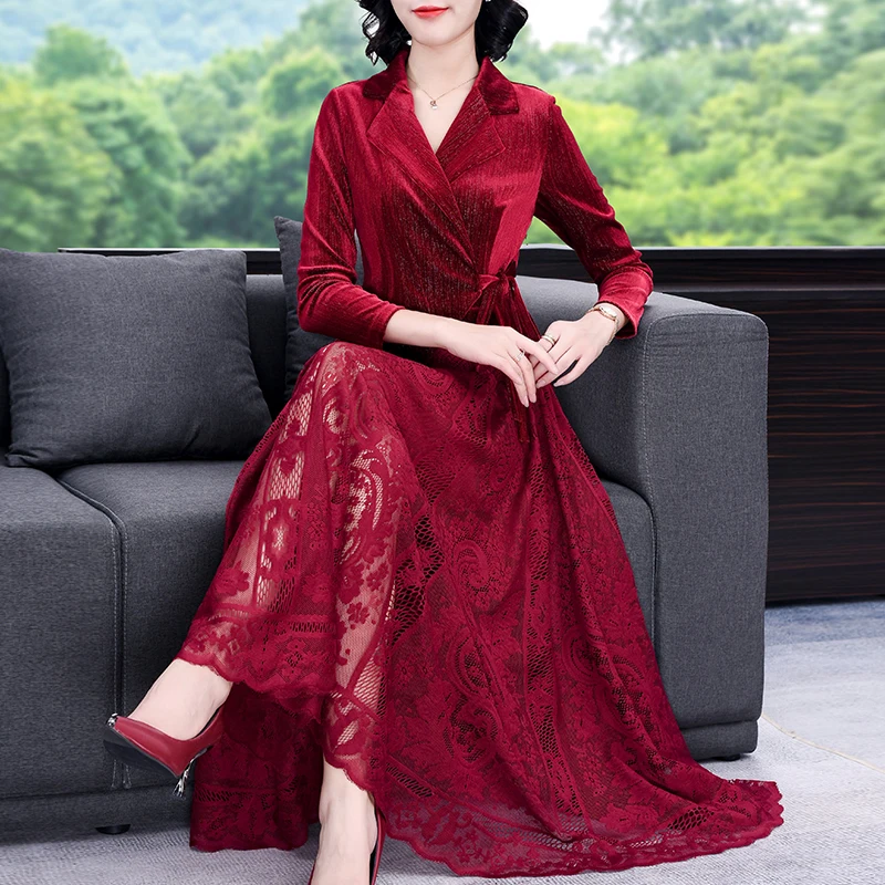 Red Velvet Patchwork Lace Hollow Out Sexy Maxi Dress 2023 Women Korean  Vintage Hepburn Dress Autumn Winter Elegant Bodycon Dress