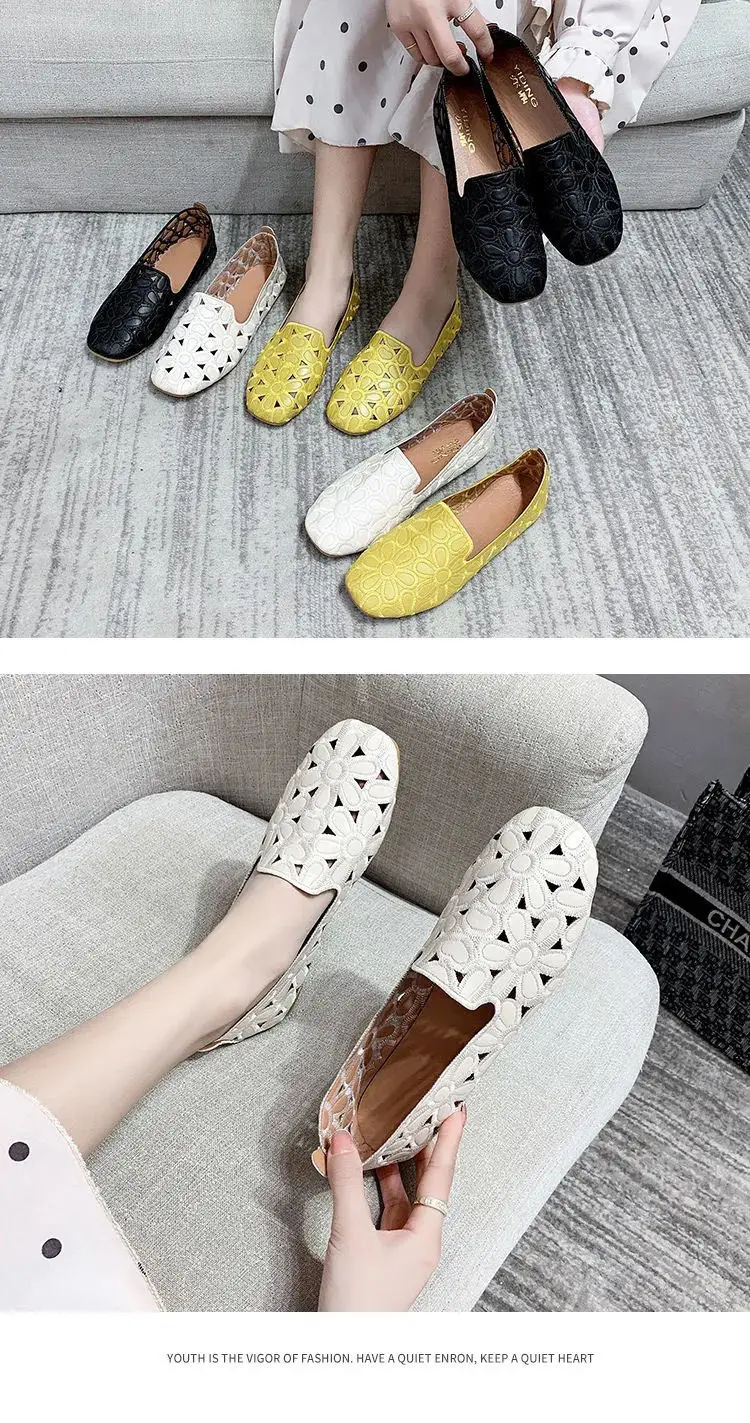 Top Quality Women's Hollow Ballet Flats Yellow Emboridery Designer Shoes for Women 2022 Summer Square Toe Soft Leather Moccasins tesco shoes women's flats	