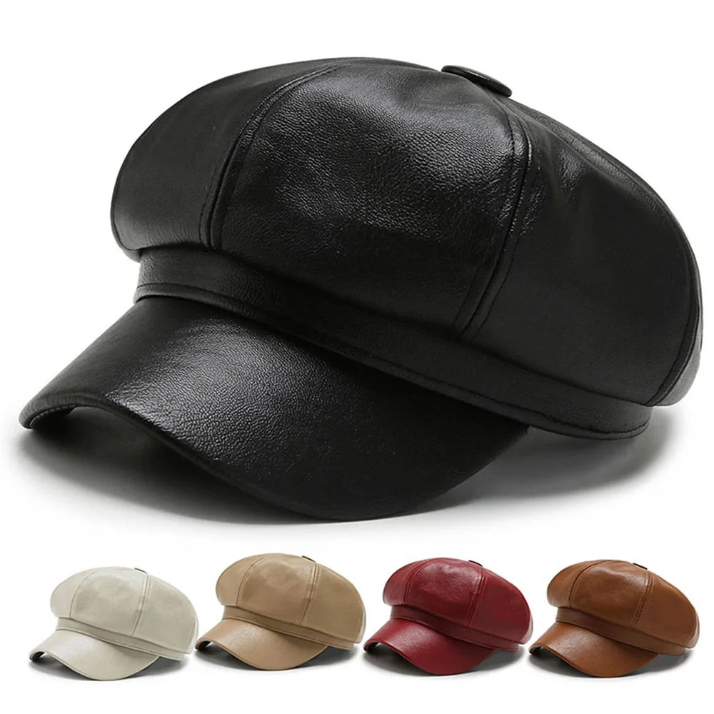 

Beret Duck Tongue Cap Winter Hat PU Octagonal Cap Leather Cap Fashion Korean Version Female Short Eaves Classic
