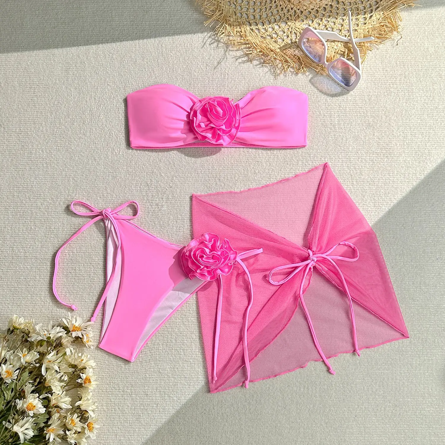 3D Flowers Bandeau Brazilian Striped Bikini 2024 Female Swimsuit Women Swimwear Two-pieces Bikini set Bather Bathing Suit Swim
