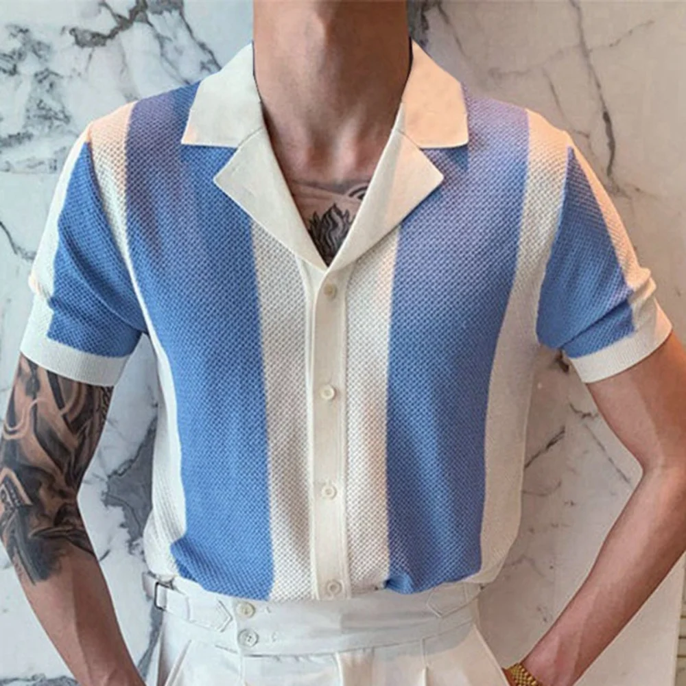 

2024 Korean Popular Clothes Style New Men's Summer T-Shirt Collar Sweater Splicing Contrasting Colors Business POLO Shirt For Me