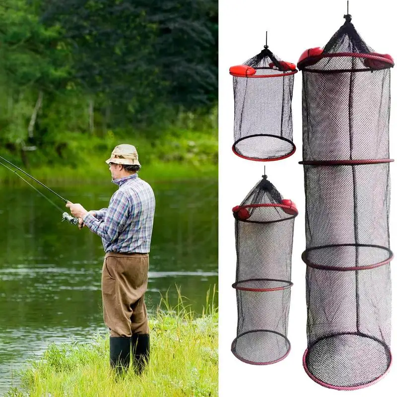 Fish Basket Foldable Drawstring Floating Fishing Net Portable Folding Fishing Bait Storage Cage Mesh Basket Live Caught Fish