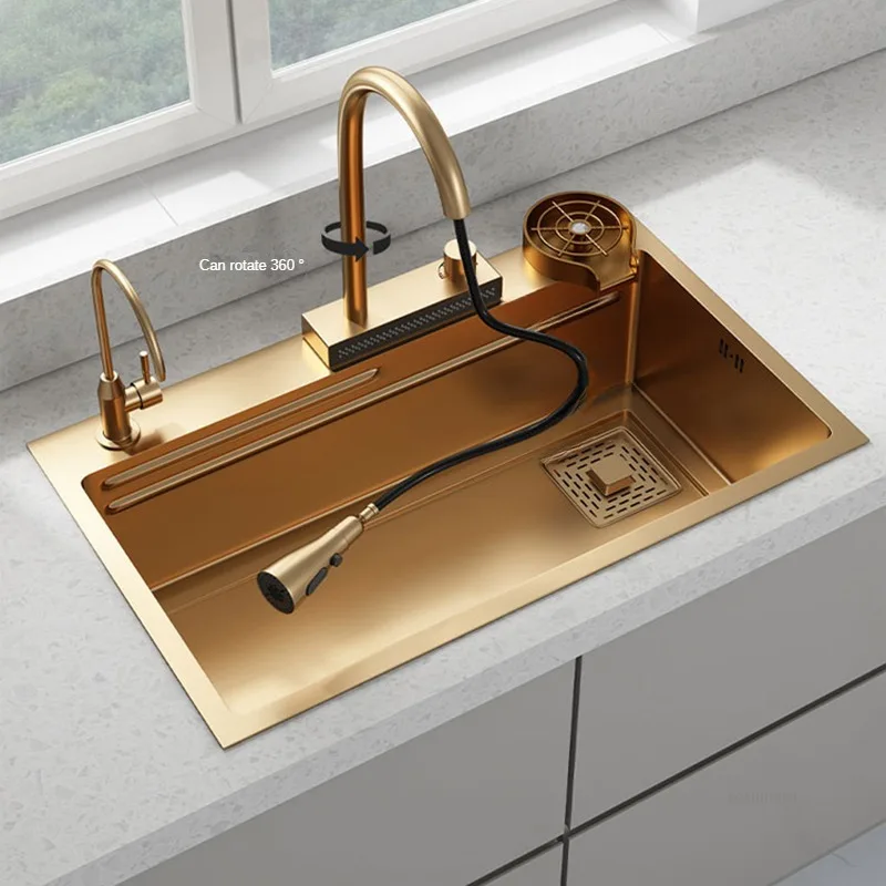 Personalized Beige Gold Sinks for Hotel Modern Thickened Metal Smart Kitchen Sink Minimalist Kitchen Sinks with Basket for Home