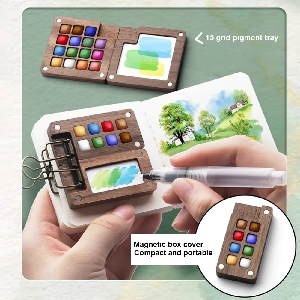 Travel Paint Palette Pocket Artist Watercolor Set with Clip Portable Watercolor Set Wooden Grid Paint Box Gift for Kids