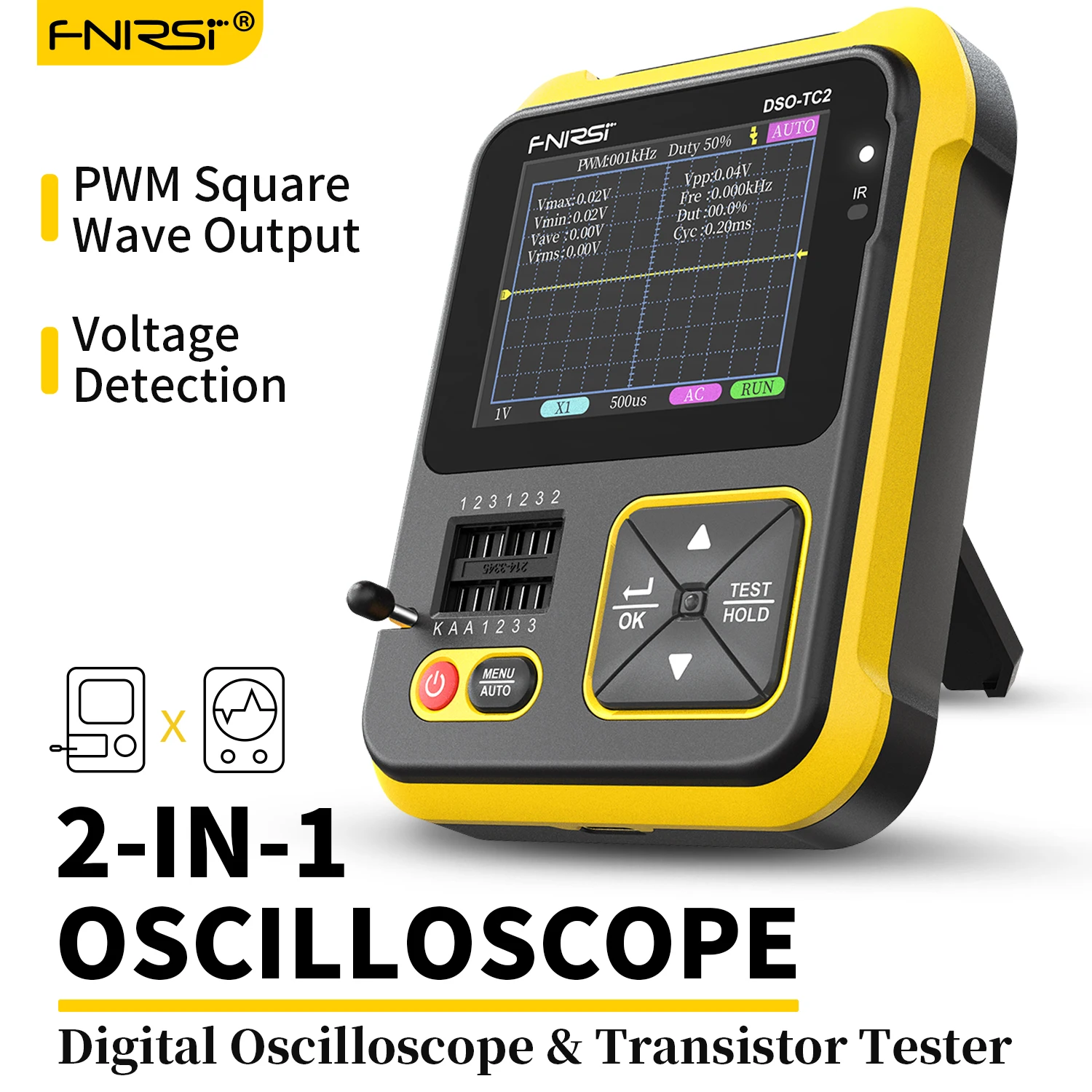 

FNIRSI DSO-TC2 2-IN-1 Digital Oscilloscope+Transistor Tester 2.4" Screen 2.5MS/s Sampling Rate 200kHz Bandwidth PWM Square Wave