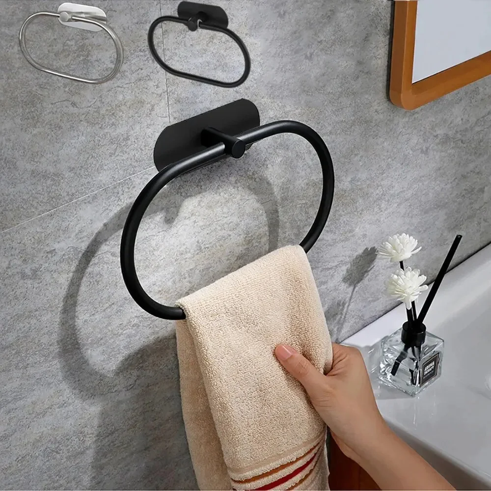 Stainless Steel Towel Holder Self-adhesive Bathroom Towels Rack Washhand Hanger Ring Rail Bar Kitchen Storage Accessory