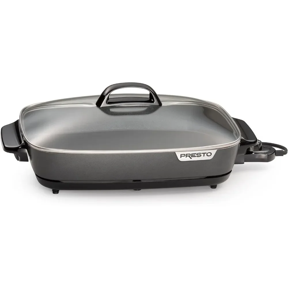 16 Inch Slimline Electric Skillet with Glass Cover,Nonstick,Adjustable Temperature,Black,Tempered glass cover 2