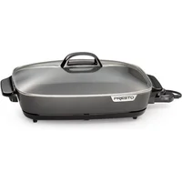 16 Inch Slimline Electric Skillet with Glass Cover,Nonstick,Adjustable Temperature,Black,Tempered glass cover 2