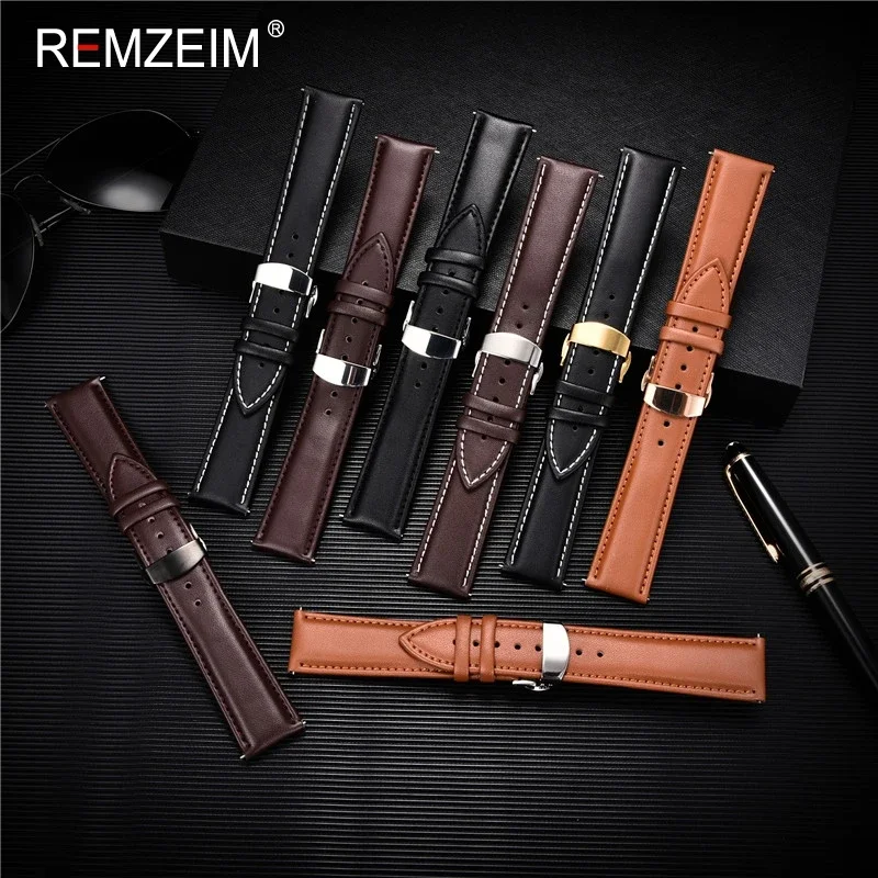

Ремешок REMZEIM из натуральной кожи для наручных часов, сменный Браслет из мягкой кожи с застежкой-бабочкой для мужчин и женщин, 18 20 22 24 мм
