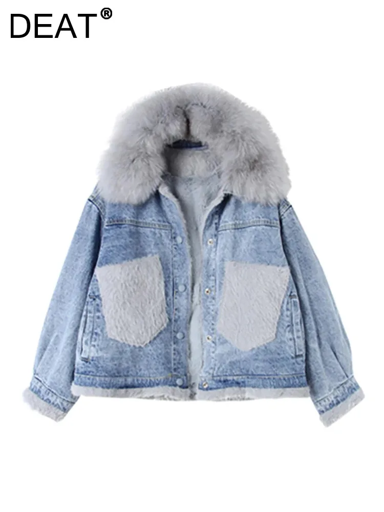 

DEAT Women's Denim Coat Removable Plush Collar Pockets Loose Single Breasted Thicken Warm Jacket 2024 Spring New Fashion 29L5353