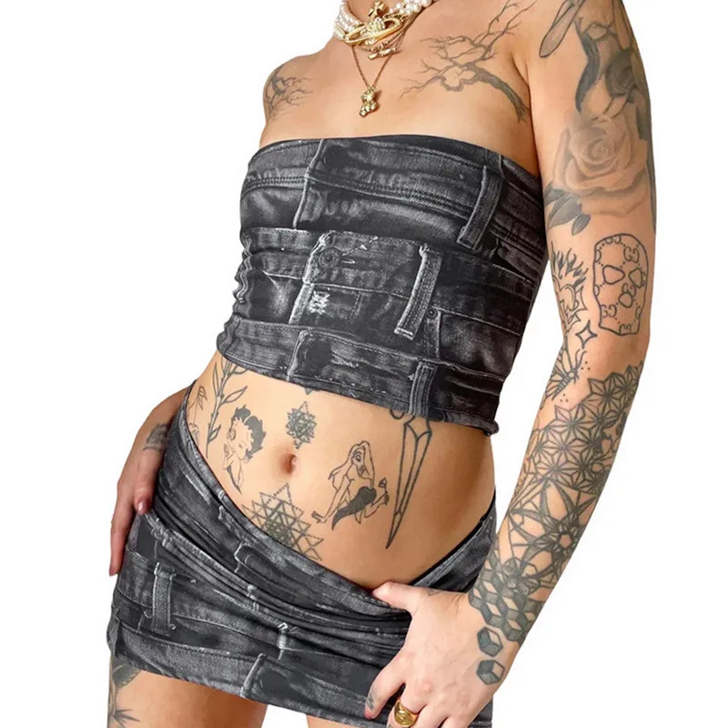 

Women 3D Denim Two Piece Skirt Sets Outfits Summer Clothes 2023 Tube Tops Bandeau Corset and Mini Skirt Sexy Club y2k Streetwear