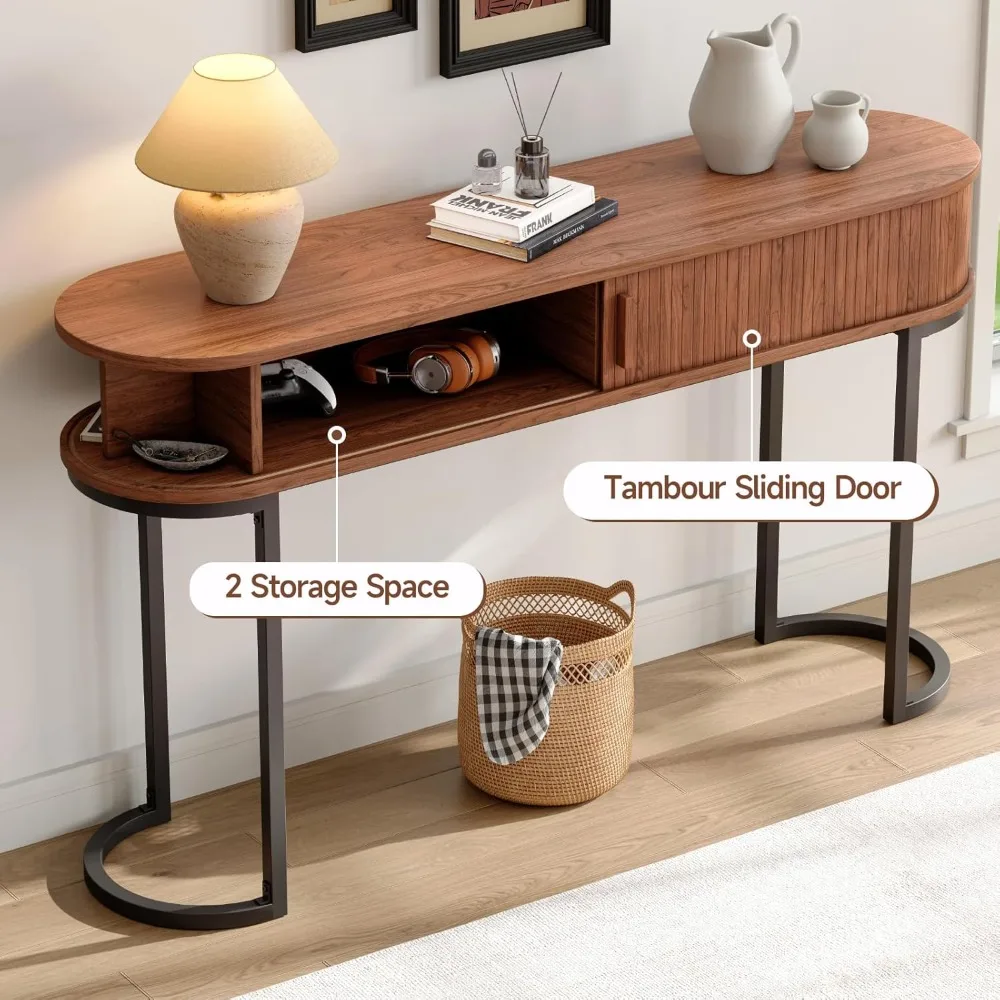 55 inch console table with 2 drawers, entryway table with sliding door, long sofa table behind couch w/metal leg, mid-century mo