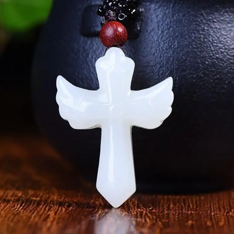 

Natural Stone White Jade Cross Pendant Necklace Men Women Genuine Hetian Jades Nephrite Angel Wings Cross Charms Lucky Amulets