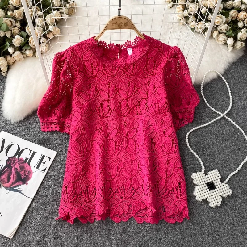 

Vintage Court Style Summer Blusas Mujer O Neck Puff Short Sleeve High Grade Blouses Lace Crochet Hollow Out Women Clothing Shirt